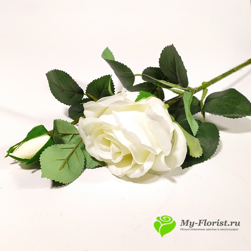 Купить искусственные цветы в розницу - Роза с бутоном "Мона Лиза" 66 см. (Белая)
