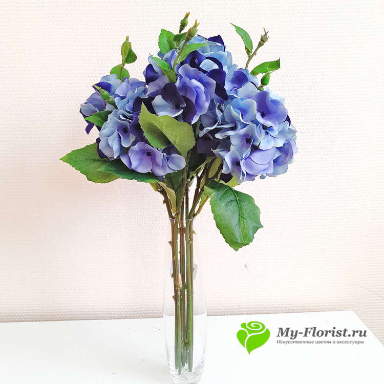 Искусственные цветы и букеты - Букет гортензии "Генрих" 50 см. голубой