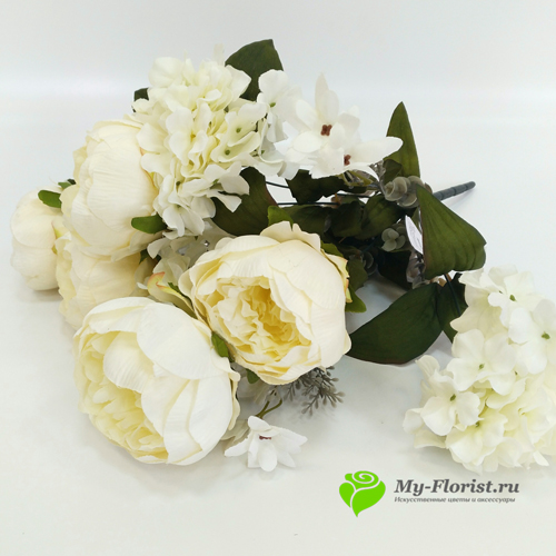 Искусственные цветы и букеты - Пионы с гортензией "Филадельфия" 54 см. (Молочный)