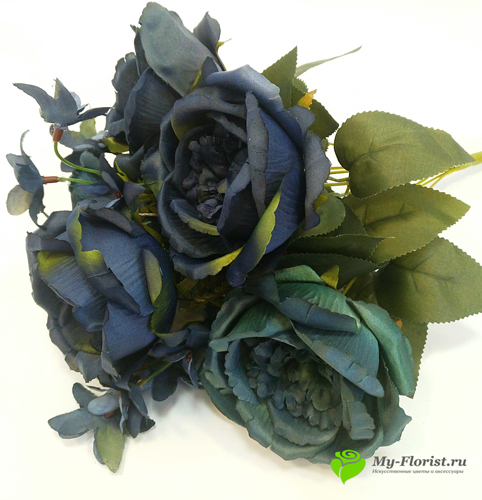 Искусственные цветы и букеты - Букет пионовидных роз "Гвинея" 44 см (Синий)