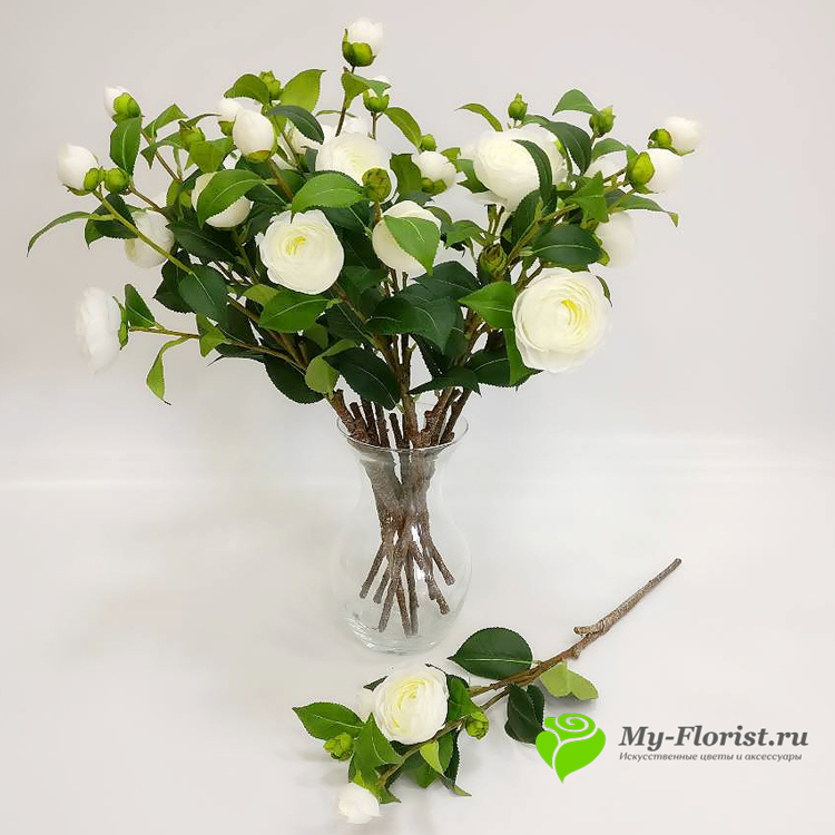 Искусственные ветки цветов - Ветка пионовидной розы (белая)