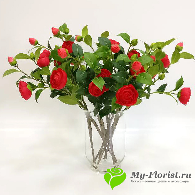 Искусственные ветки цветов - Ветка пионовидной розы (красная)