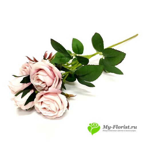 Искусственные ветки цветов - Ветка розы кустовая нюдово-розовая 43 см