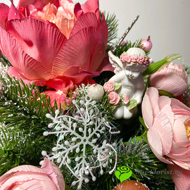 Новогодняя композиция с еловыми ветками розовая H-35см - Фото2. Купить в розницу