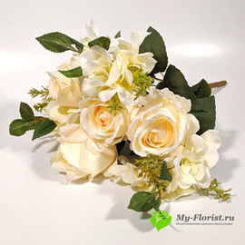Розы с гортензией АДАМАС 48 см Кремовый