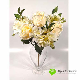 Розы с гортензией АДАМАС 48 см Кремовый - Фото2. Купить в розницу