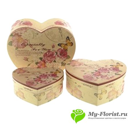 Коробки сердце "Цветы" набор 3 шт. (18*22*9 / 16*20*7 / 14*18*5) - My-Florist.ru