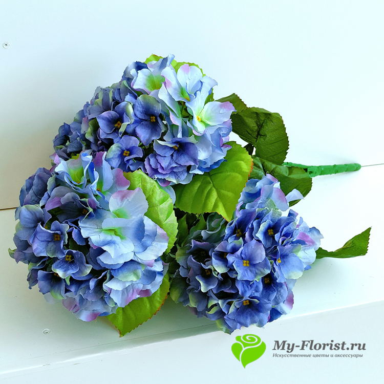 Искусственные цветы и букеты - Букет гортензии "Бруно" 66 см. голубой