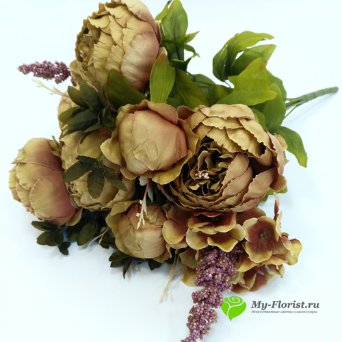 Искусственные цветы и букеты - Букет пионов "Сандра" 50 см. (Коричневый)