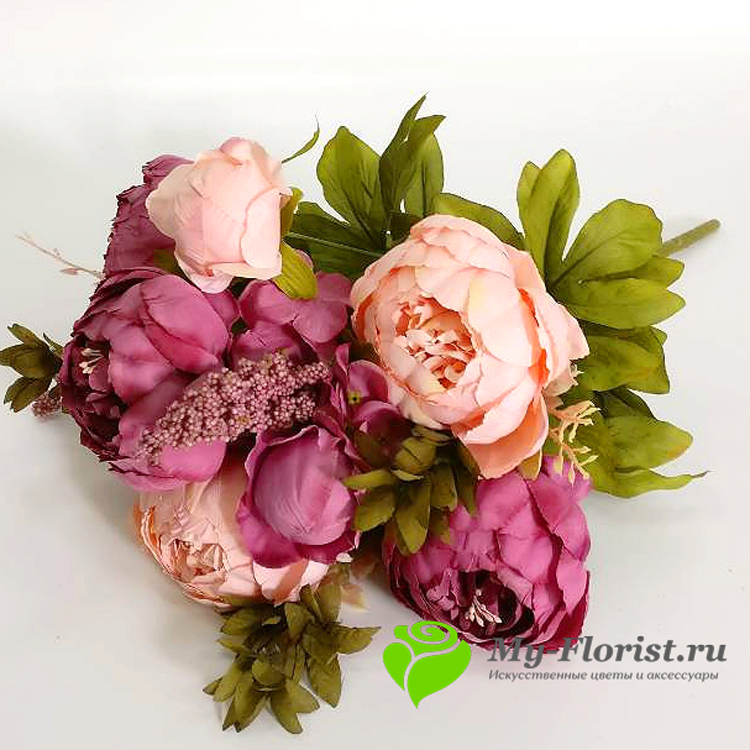Искусственные цветы и букеты - Букет пионов "Сандра" 50 см. (лилово-розовый)