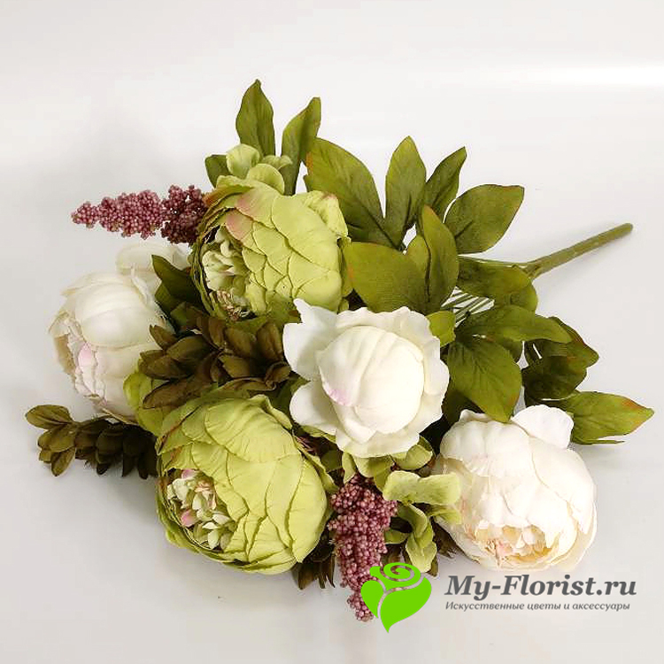 Искусственные цветы и букеты - Букет пионов "Сандра" 50 см. (зеленый)