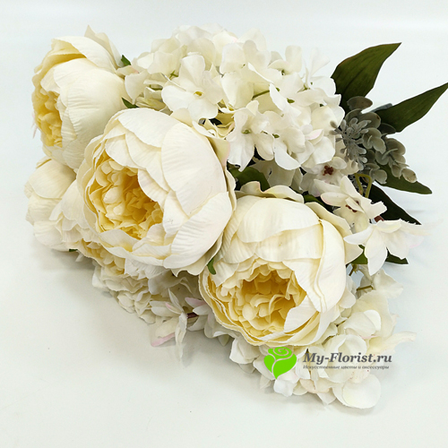Искусственные цветы и букеты - Пионы с гортензией "Филадельфия" 54 см. (Кремовый)