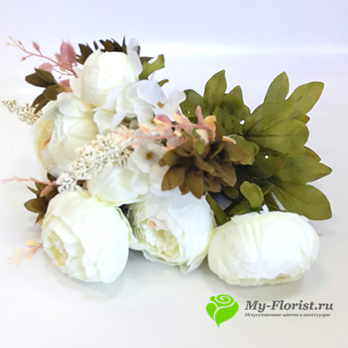 Искусственные цветы и букеты - Букет пионов "Сандра" 50 см. (Белый)