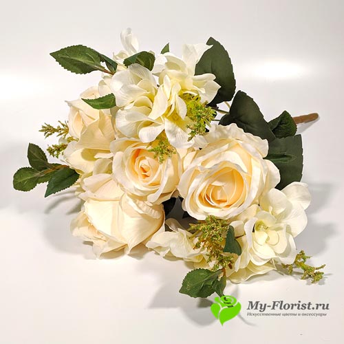 Искусственные цветы и букеты - Розы с гортензией АДАМАС 48 см Кремовый