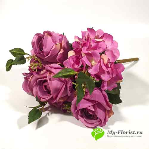 Искусственные цветы и букеты - Букет искусственный АДАМАС из роз и гортензий лиловый
