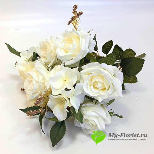 Искусственные цветы Премиум купить - Розы с гортензией "Сельвадор" 40см. (Белые)