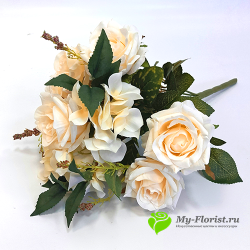 Искусственные цветы Премиум купить - Розы с гортензией "Сельвадор" 40см. (Кремовые)