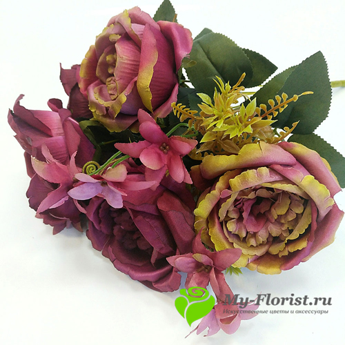 Искусственные цветы и букеты - Букет пионовидных роз "Гвинея" 44 см (Бордовый)