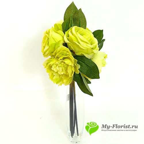 Искусственные букеты в розницу - Розы с пионами "Чарли" Н-38 см. (Зеленые)