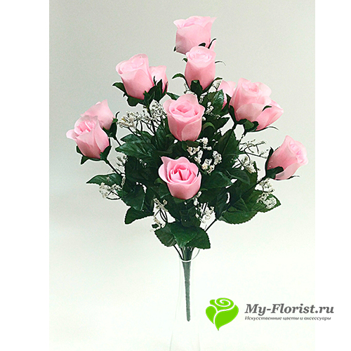 Искусственные букеты в розницу - Розы с кашкой "Прага" H-49 см (Розовые)