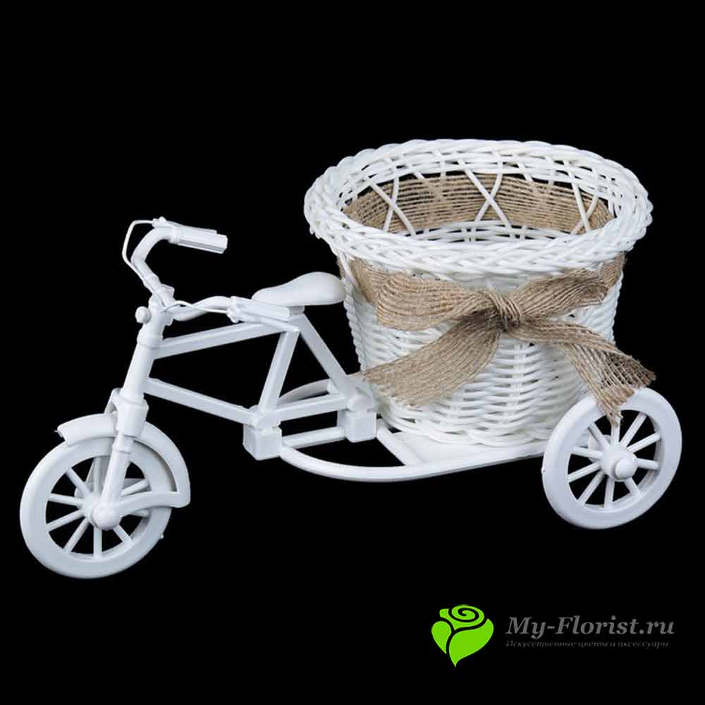 Корзина "Велосипед" с круглым кашпо и эко-лентой (Белый)