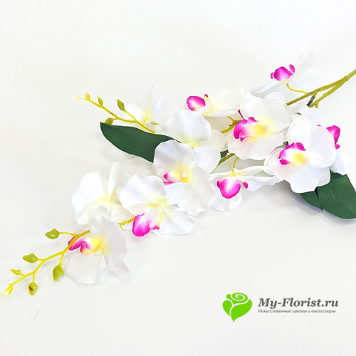 Искусственные ветки цветов - Орхидея ветка двойная 85 см. (Белая с розовым)