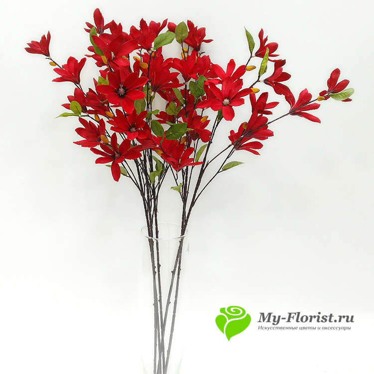 Искусственные ветки цветов - Магнолия мелкая на ветке (красная)