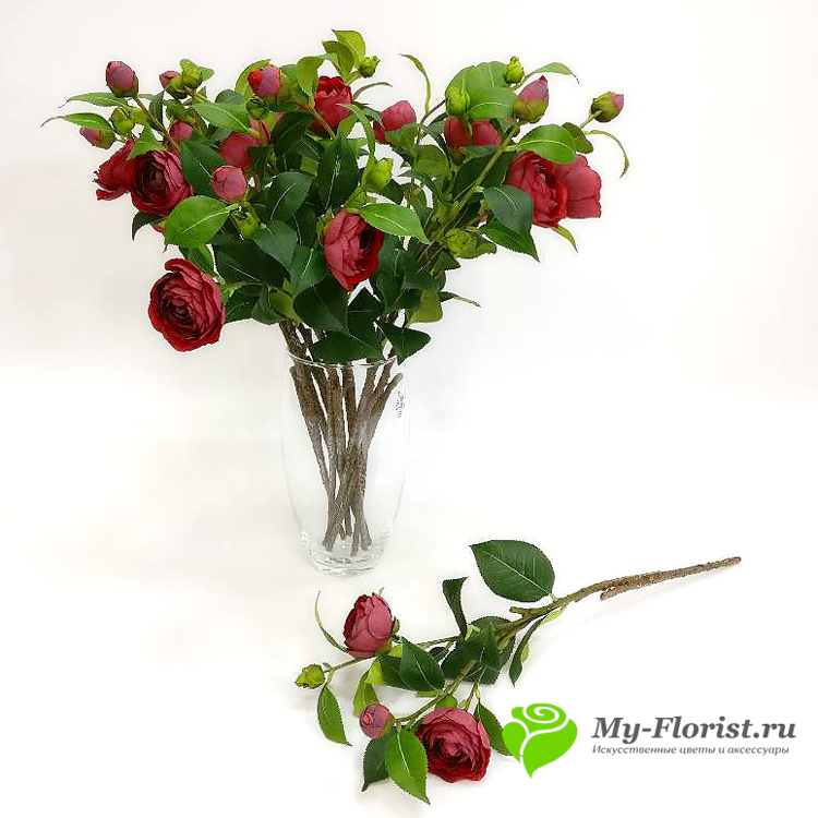 Искусственные ветки цветов - Ветка пионовидной розы (темно-красная)